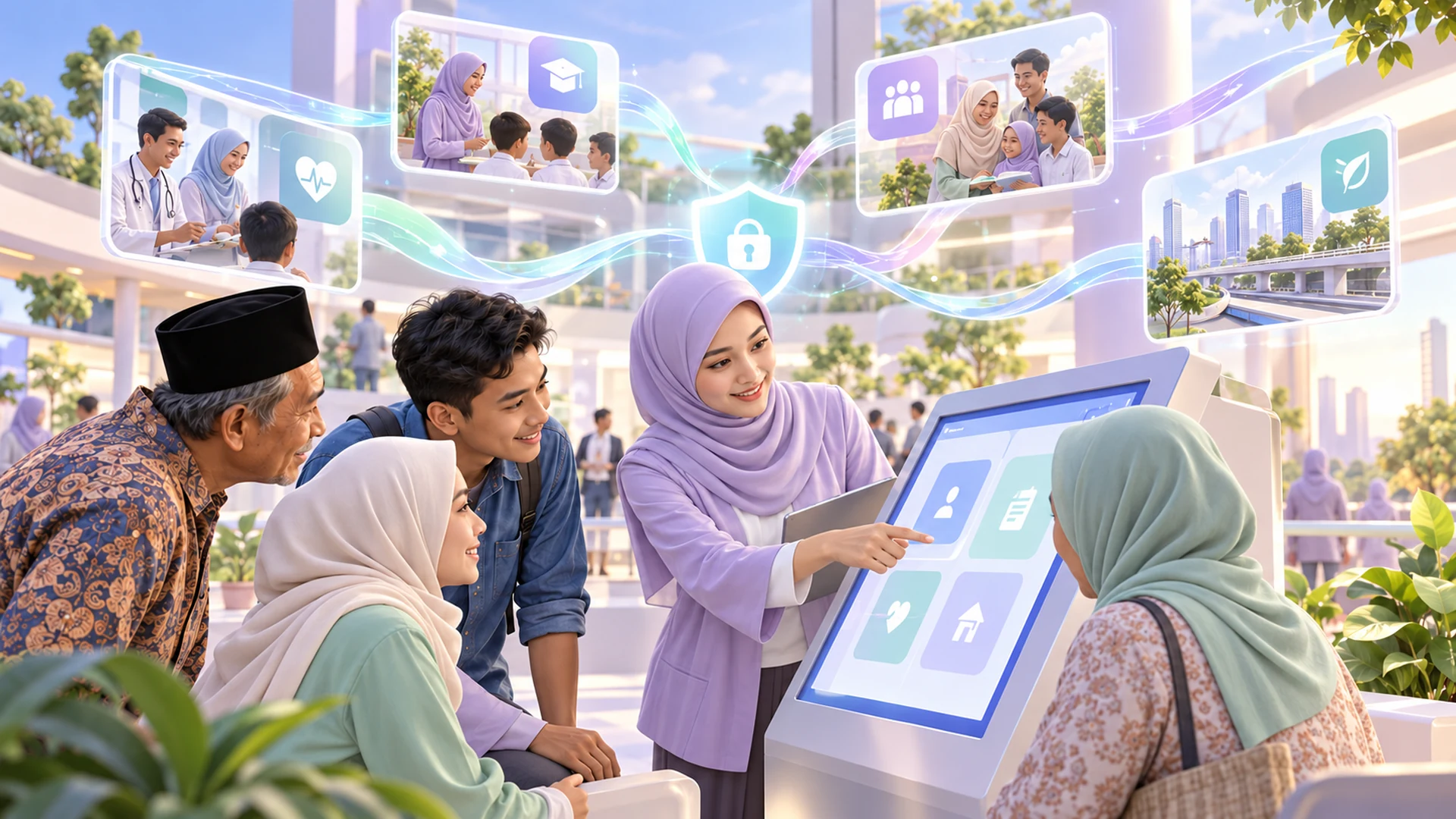 Ilustrasi AI: Integrasi layanan digital yang berpusat pada manusia; perempuan mengenakan jilbab.